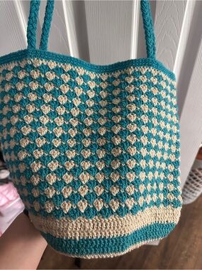Handmade Crochet Turquoise and Cream Women’s Tote Bag
